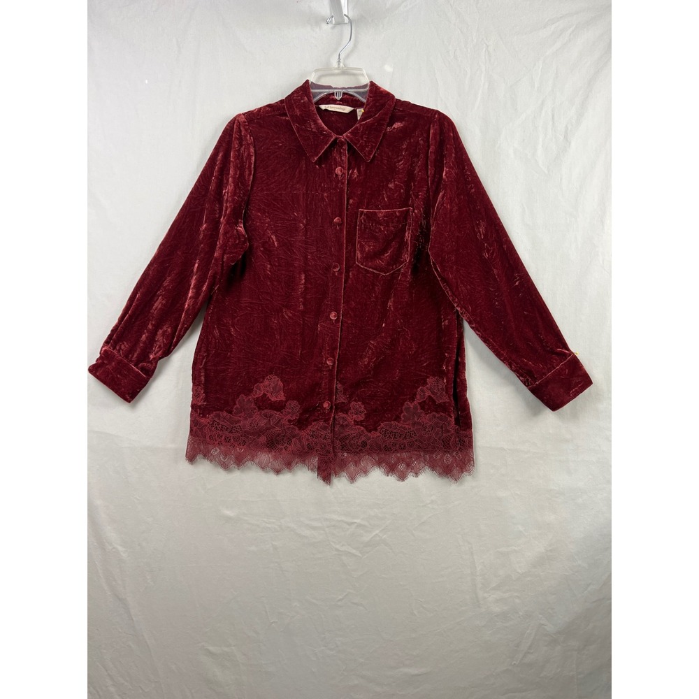 Soft Surroundings Crushed Velvet Button Up Shirt Women PS Burgundy Lace Hem